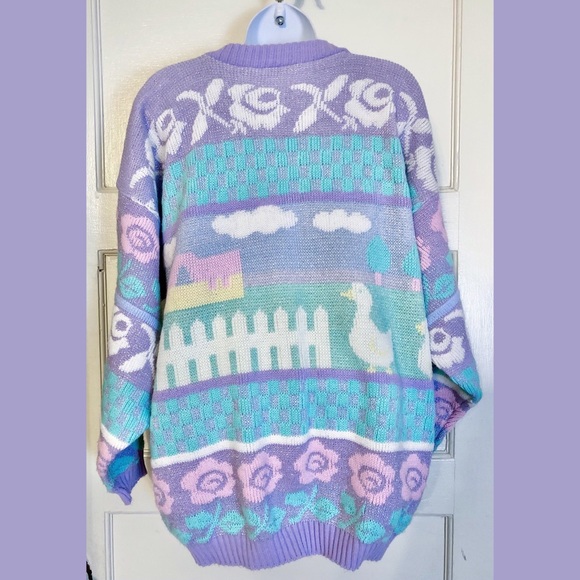 Vintage 80s oversize fairy kei Kawaii Rose metallic pastel sweater w geese ducks - Picture 3 of 5